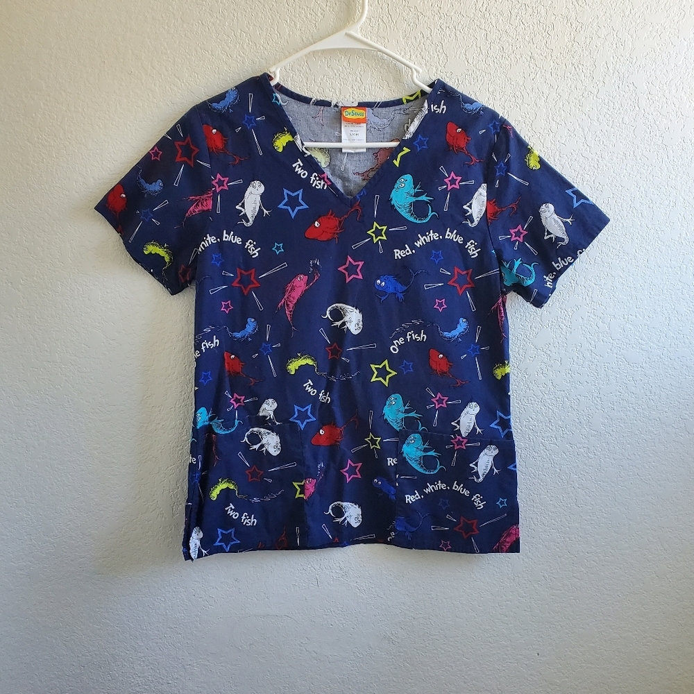 Scrub Top Dr Seuss Blue, Fish and Stars Print Pediatric School Nurse Daycare